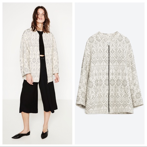 NEW Ecru ZARA BOMBER STYLE Printed COAT - Picture 1 of 8